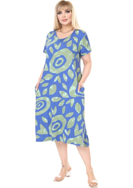 Butik Mavi Nazar Desen Kuplu Cepli Kısa Kol Kadın Midi Elbise