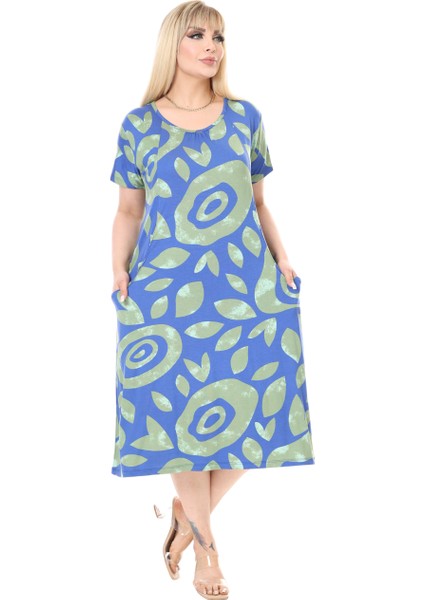 Butik Mavi Nazar Desen Kuplu Cepli Kısa Kol Kadın Midi Elbise