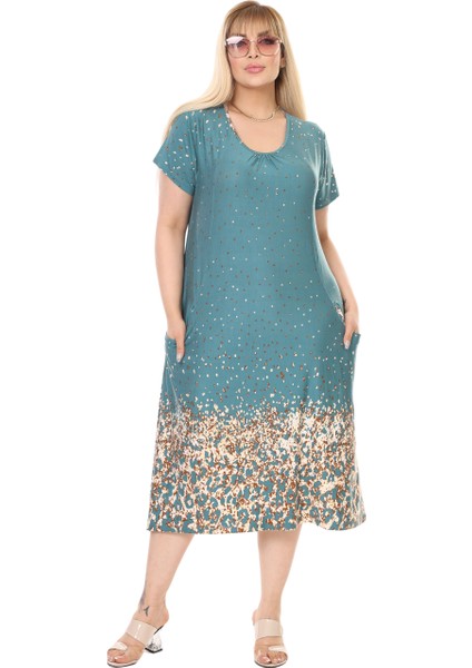 Butik Yeşil Puanlı Eteği Leopar Desen Kuplu Cepli Kısa Kol Kadın Midi Elbise modelleri