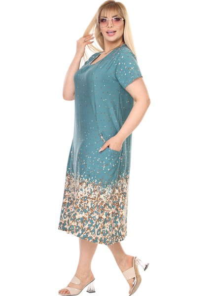 Butik Yeşil Puanlı Eteği Leopar Desen Kuplu Cepli Kısa Kol Kadın Midi Elbise fırsatları