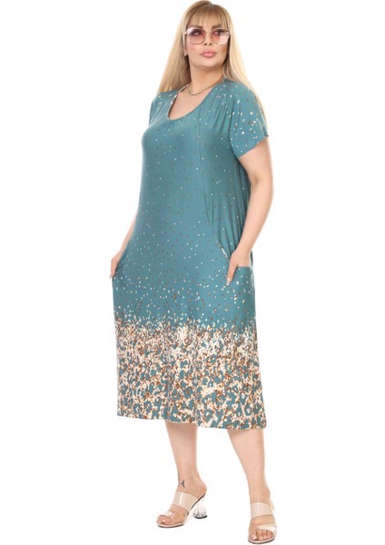 Butik Yeşil Puanlı Eteği Leopar Desen Kuplu Cepli Kısa Kol Kadın Midi Elbise indirimleri