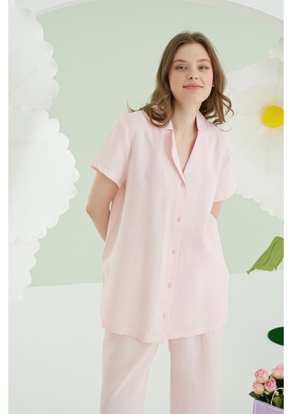 Pembe Önden Düğmeli Müslin Pijama Takım