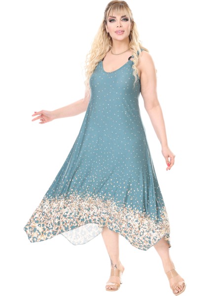 Butik Askılı V Yaka Yeşil Puanlı Eteği Leopar Desen Elbise