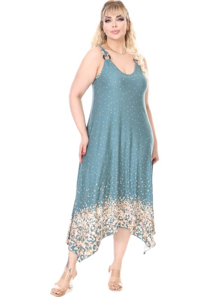 Butik Askılı V Yaka Yeşil Puanlı Eteği Leopar Desen Elbise