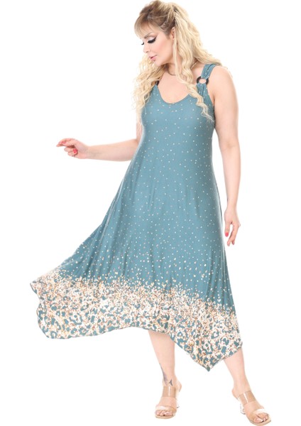 Butik Askılı V Yaka Yeşil Puanlı Eteği Leopar Desen Elbise