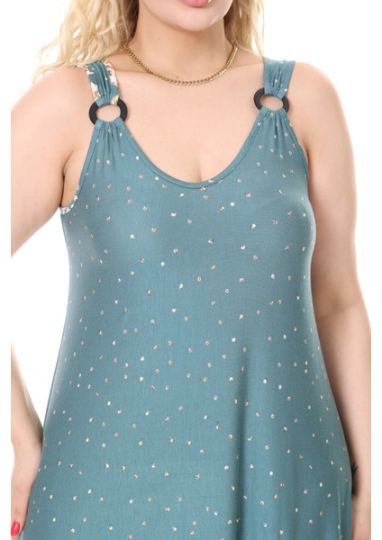 Butik Askılı V Yaka Yeşil Puanlı Eteği Leopar Desen Elbise