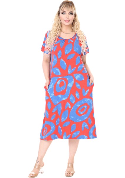 Butik Pembe Nazar Desen Kuplu Cepli Kısa Kol Kadın Midi Elbise