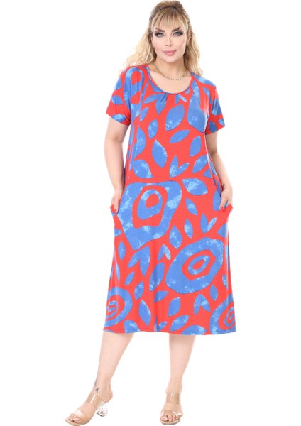 Butik Pembe Nazar Desen Kuplu Cepli Kısa Kol Kadın Midi Elbise