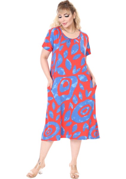 Butik Pembe Nazar Desen Kuplu Cepli Kısa Kol Kadın Midi Elbise