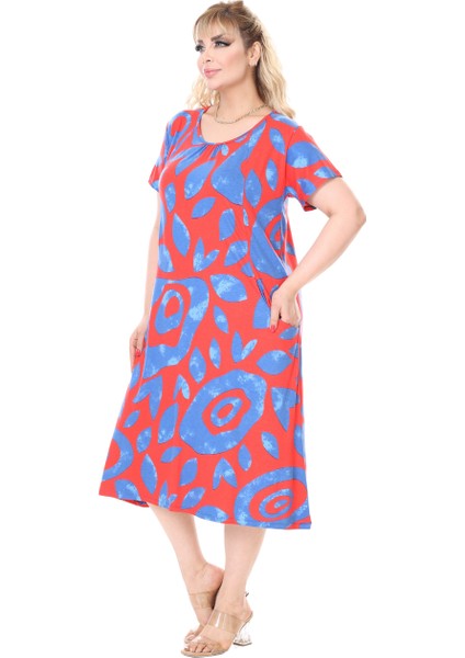 Butik Pembe Nazar Desen Kuplu Cepli Kısa Kol Kadın Midi Elbise