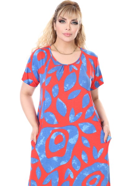 Butik Pembe Nazar Desen Kuplu Cepli Kısa Kol Kadın Midi Elbise