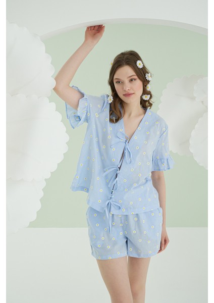 Mavi Papatya Şortlu Önden Bağlamalı Pijama Takımı