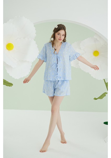 Mavi Papatya Şortlu Önden Bağlamalı Pijama Takımı