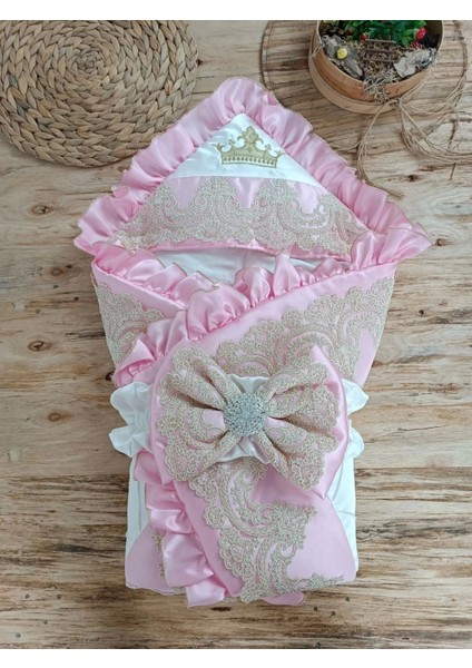 Yenidoğan Grand Lüks Kelebek Ağır Güpür Işlemeli Şapkalı Bebek Battaniyesi Kundak Pembe
