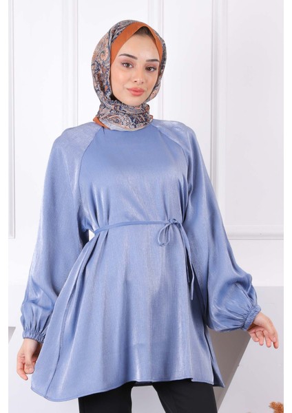 Indigo Bel Kuşaklı Parlak Tunik