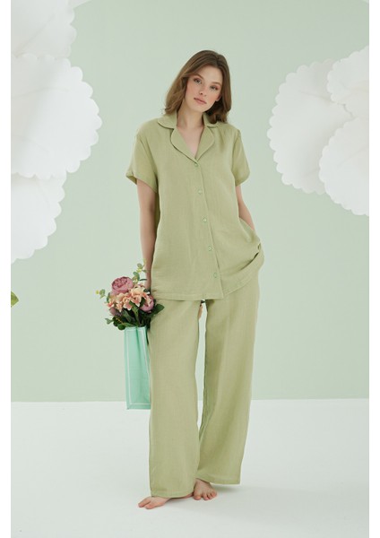 Yeşil Önden Düğmeli Müslin Pijama Takım