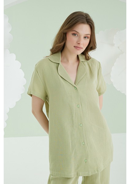 Yeşil Önden Düğmeli Müslin Pijama Takım fiyatları