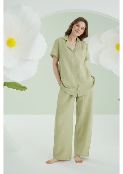 Yeşil Önden Düğmeli Müslin Pijama Takım modelleri
