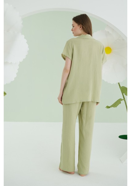Yeşil Önden Düğmeli Müslin Pijama Takım fırsatları