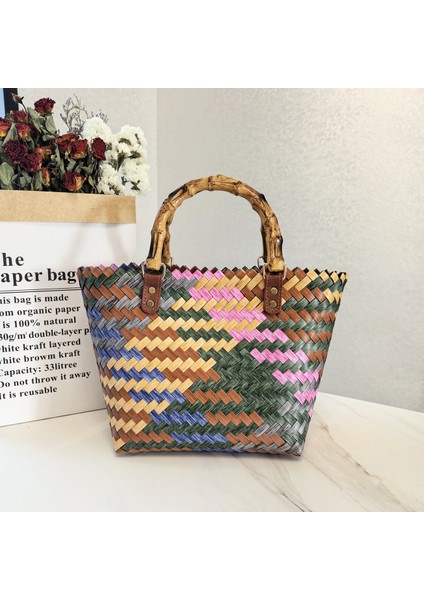 Vintage Çizgili Dokuma Çanta Çanta Tote Çanta Tote Saplı Kadın Çantası Plaj Çantası (Yurt Dışından)
