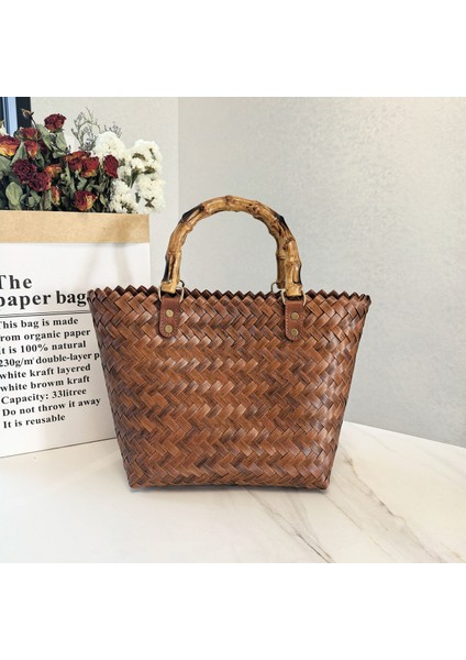 Vintage Çizgili Dokuma Çanta Çanta Tote Çanta Tote Saplı Kadın Çantası Plaj Çantası (Yurt Dışından)