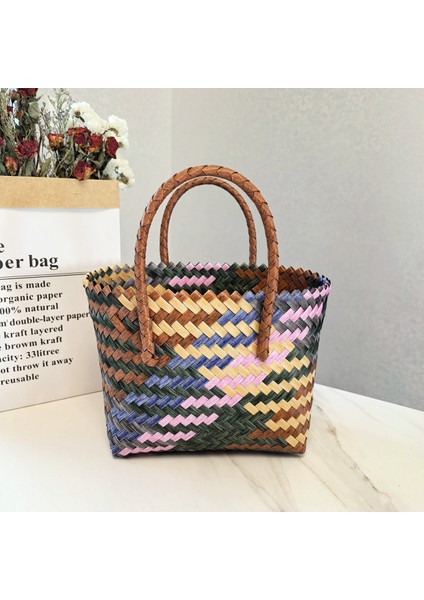Vintage Çizgili Dokuma Çanta Çanta Tote Çanta Tote Saplı Kadın Çantası Plaj Çantası (Yurt Dışından)