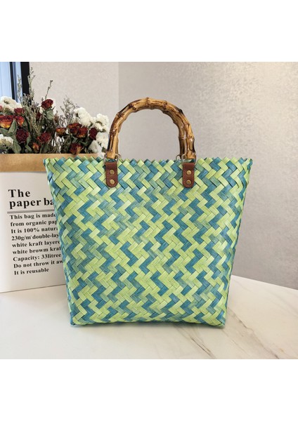 Vintage Çizgili Dokuma Çanta Çanta Tote Çanta Tote Saplı Kadın Çantası Plaj Çantası (Yurt Dışından)