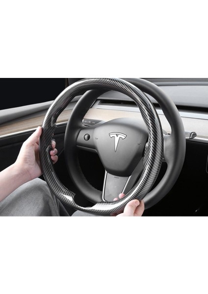 Tesla Model Y / Model 3 Direksiyon Simidi Tek Parça Kaplaması, Karbon Parlak Siyah Renk