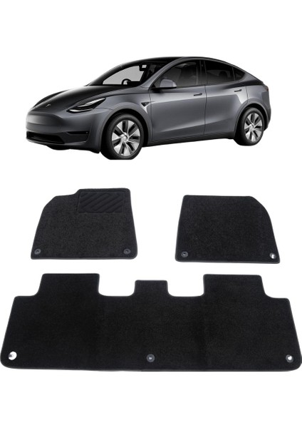 Tesla Model Y Halı Paspas Takımı Ön ve Arka Set Olarak Çizgili Desenli, Siyah Renk