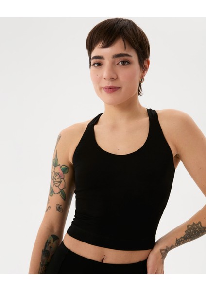 Kadın Siyah Halter Half Crop Bluz - EcoVero™ Viskoz, İç Sütyenli, Göğüs Pedli, Halter Yaka, Crop Spor Bluz fırsatları
