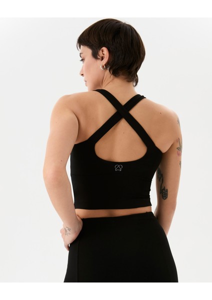 Kadın Siyah Halter Half Crop Bluz - EcoVero™ Viskoz, İç Sütyenli, Göğüs Pedli, Halter Yaka, Crop Spor Bluz indirimleri