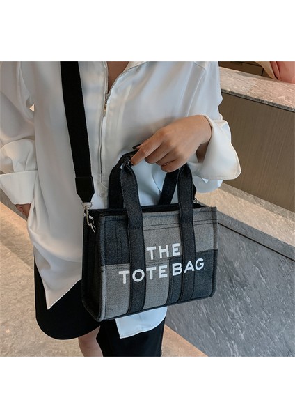 Yeni Işlemeli Harfli El Çantası Çapraz Askılı Çanta Kot Mavi Retro Dikişli Tote Çanta (Yurt Dışından)