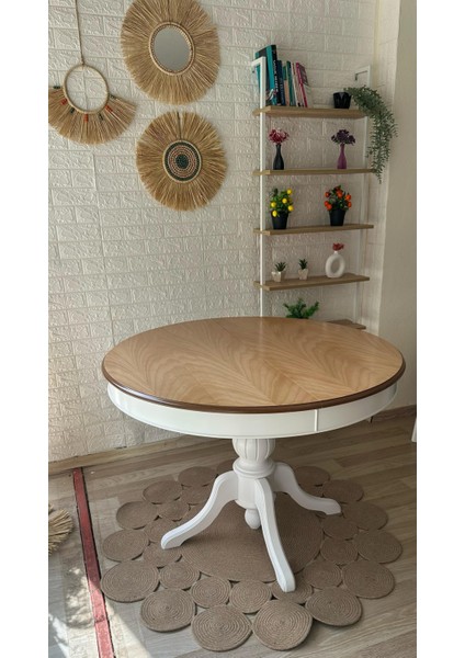 Concept Baba Ayaklı Masa Naturel Ahşap Yuvarlak Üst Tablalı Beyaz Ayaklı Açılır Masa (Çap 110 cm ) modelleri