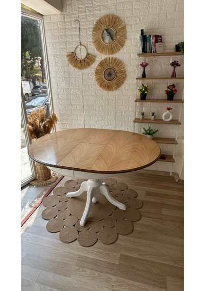 Concept Baba Ayaklı Masa Naturel Ahşap Yuvarlak Üst Tablalı Beyaz Ayaklı Açılır Masa (Çap 110 cm )