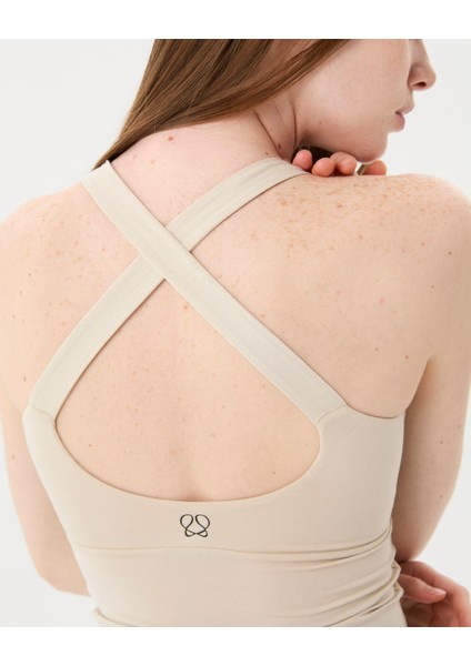 Krema Çapraz Sırt Halter Bluz