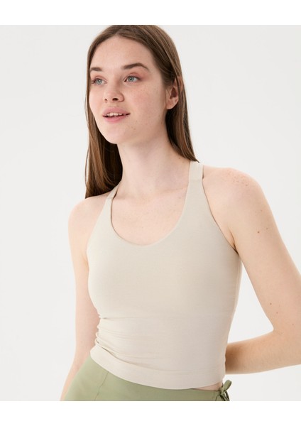 Krema Çapraz Sırt Halter Bluz