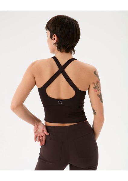 Kadın Kahverengi Halter Half Crop Bluz - EcoVero™ Viskoz, İç Sütyenli, Göğüs Pedli, Halter Yaka, Crop Spor Bluz fiyatları