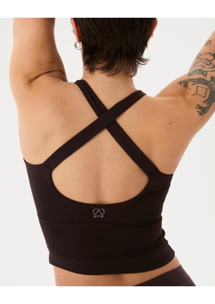 Kadın Kahverengi Halter Half Crop Bluz - EcoVero™ Viskoz, İç Sütyenli, Göğüs Pedli, Halter Yaka, Crop Spor Bluz fırsatları