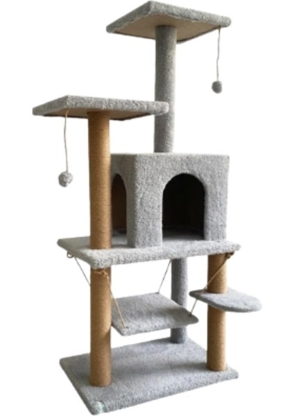 Y01 Salıncaklı Yuvalı Lüx Kedi Tırmalama Oyun Evi Gri