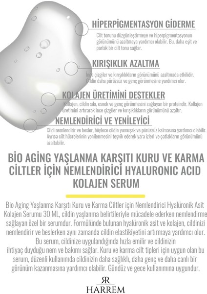 Bio Aging Kuru ve Karma Ciltler Için Nemlendirici Hyalüronik Asit Kolajen Serum 30 ml