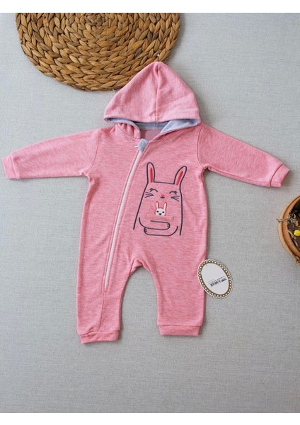 Ef Çizgi Boy Fermuarlı Tavşan Nakışlı Kapşonlu Kız Erkek Bebek Tulumu Pembe