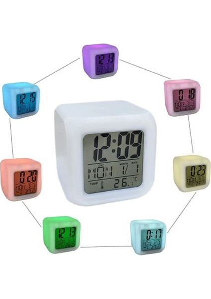 7 Renk Değiştiren Alarmlı Termometre Masa Gece Lambası Dijital Başucu Saat Uyandırma Hediye Küp Saa