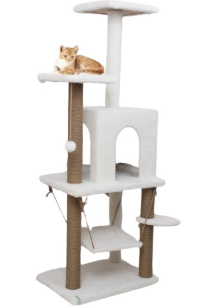 Y01 Salıncaklı Yuvalı Lüx Kedi Tırmalama Oyun Evi Beyaz
