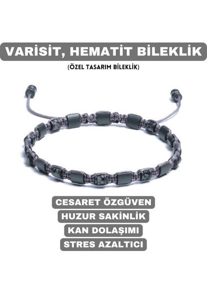 Varisit, Hematit Doğal Taş Bileklik, Tasarım Bileklik, Unisex, 4mm 6mm İpli Ayarlanabilir