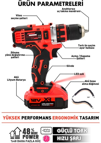 12V Çift Akülü Çelik Mandren Akülü Vidalama Şarjlı Matkap