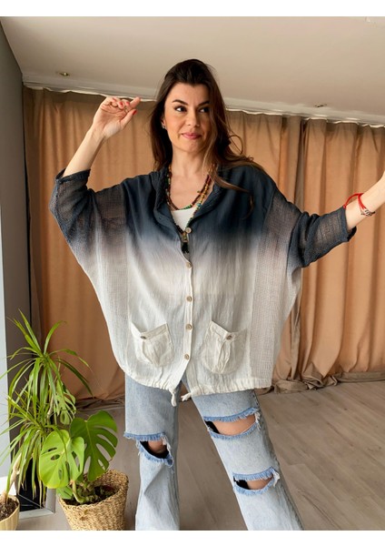 Degrade Batik Desenli File Detaylı Keten Ceket modelleri