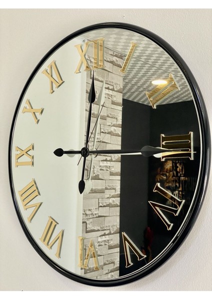 Duvar Saati Glorya Black Saat Aynalı Saat Siyah Gold Roma Rakamlı Duvar Saati