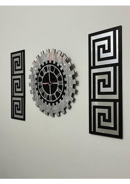 Tablo Duvar Saati Siyah - Gümüş Aynalı Pleksiglass Piyano Model Modern Roma Rakamlı 80 x 50 cm