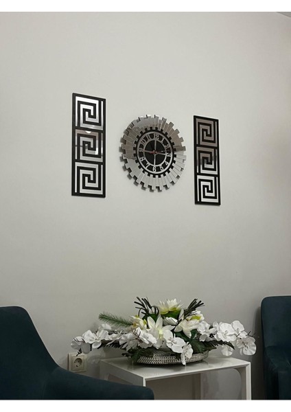Tablo Duvar Saati Siyah - Gümüş Aynalı Pleksiglass Piyano Model Modern Roma Rakamlı 80 x 50 cm fiyatları