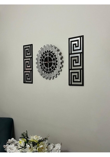 Tablo Duvar Saati Siyah - Gümüş Aynalı Pleksiglass Piyano Model Modern Roma Rakamlı 80 x 50 cm fırsatları